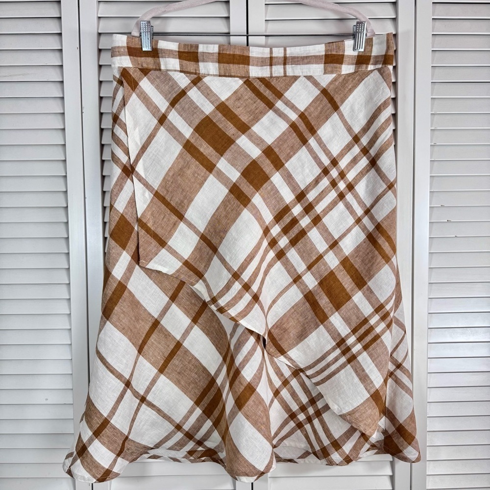 FLAX Linen Plaid Faux Wrap Midi Skirt White Brown Size Large